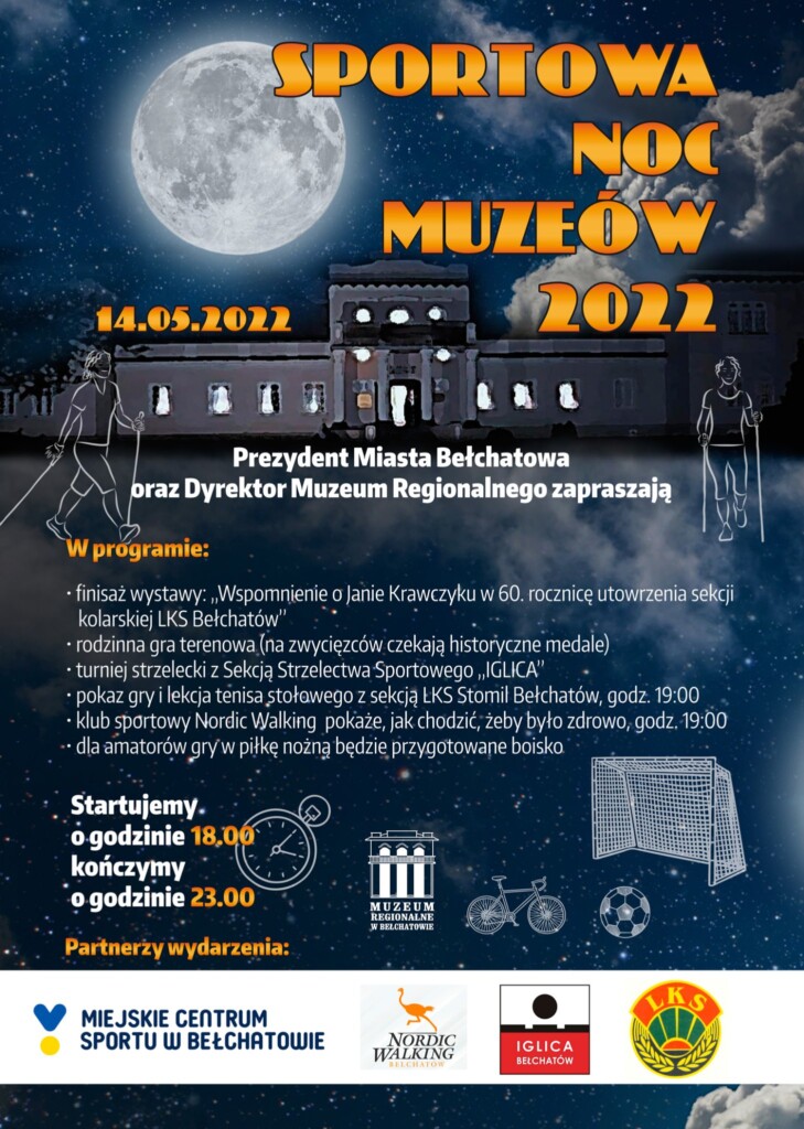 plakat przedstawiający harmonogram Sportowej Nocy Muzeów 2022