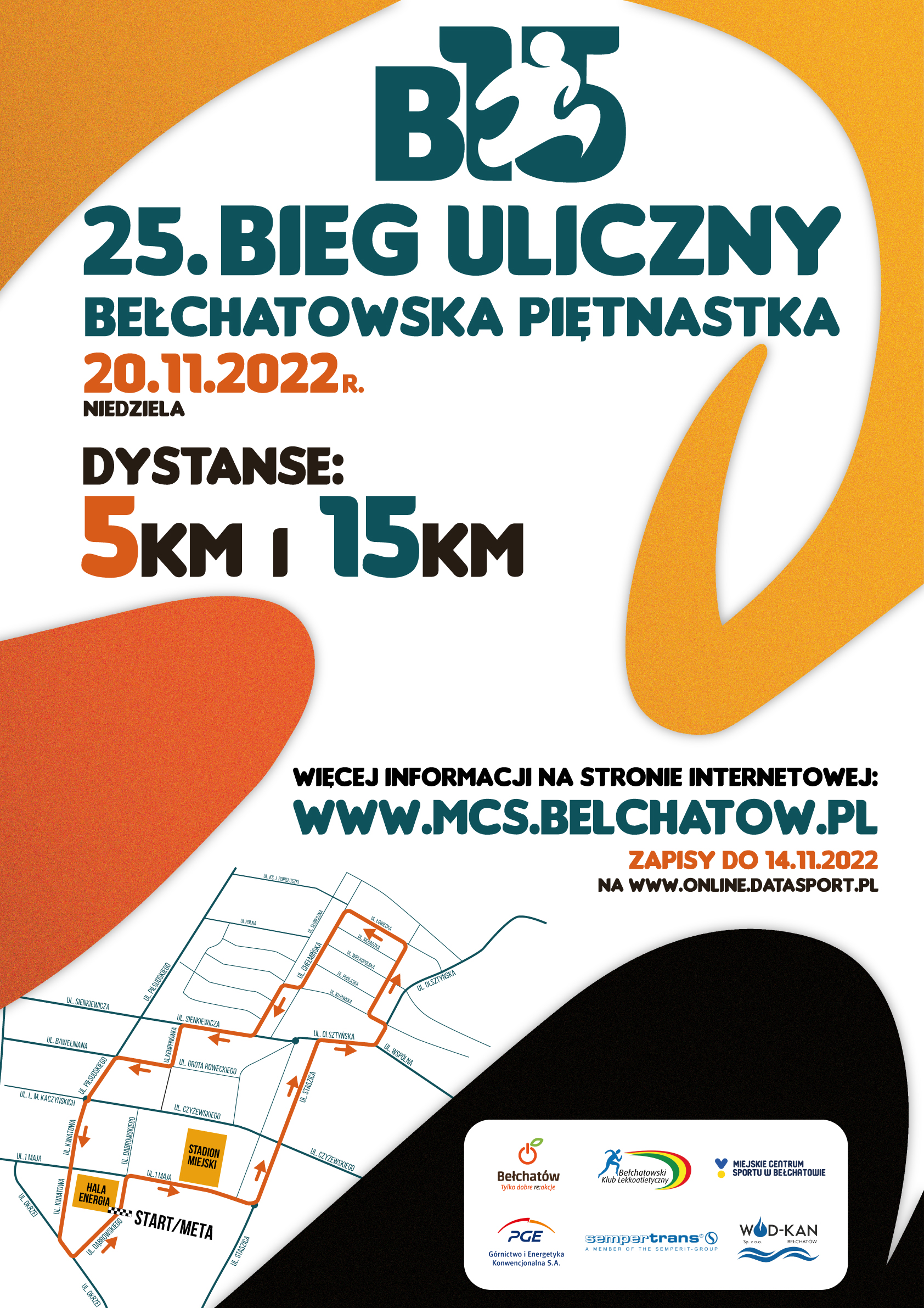 grafika przedstawia trasę wraz z nazwami ulic, logotypem i zaznaczonymi ulicami do 25. Biegu Ulicznego "Bełchatowska Piętnastka"
